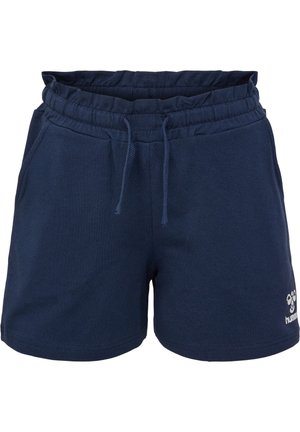 Donkerblauwe shorts van een zachte katoenmix, met een elastische tailleband en trekkoord, en een klein logo op de onderkant.