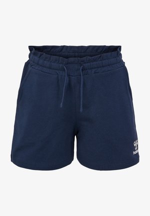 Marina blå shorts i mjuk bomullsblandning, med elastisk midja och snörning, samt en liten logodetalj på den nedre sidan.