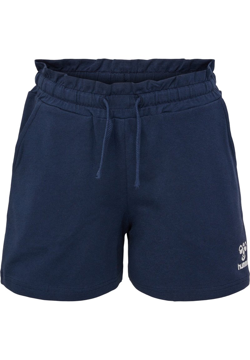 Shorts bleu marine en mélange de coton doux, dotés d'une taille élastique avec cordon de serrage, et d'un petit logo sur le bas.