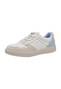 Adidași albaștri cu accente din suede bej și albastru. Prezintă o zonă perforată la vârf și o talpă de cauciuc bej deschis. Design simplu, cu șireturi.