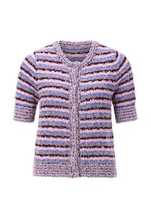 Short-sleeve cardigan in soft, fuzzy material. Striped pattern in lavender, pink, blue, and burgundy. Features button closure and textured finish.
