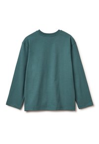 Maglietta a maniche lunghe color verde acqua con scollo rotondo, realizzata in tessuto misto cotone. Presenta una vestibilità comoda e un orlo taglio dritto. Senza motivi o decorazioni.