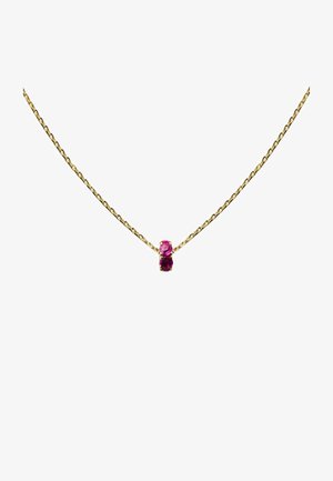 Collar de oro con una cadena delicada que presenta dos piedras preciosas redondas, rosas, dispuestas horizontalmente, mostrando una textura suave.