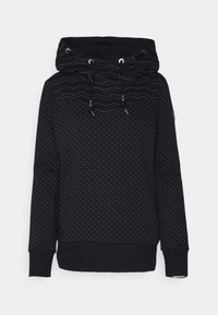 Sudadera negra con un diseño texturizado de zigzag en la parte superior, patrón de puntos a lo largo, cordones en el cuello y un parche de logo en el lateral.