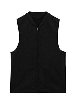 Veste sans manches noire, équipée d'une fermeture éclair frontale, de deux grandes poches avant, et d'un design simple et minimaliste avec un col rond.