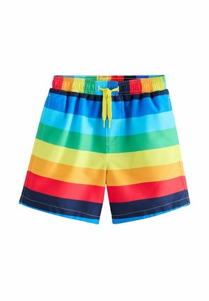 Bunte Badehose mit horizontalen Streifen in Rot, Orange, Gelb, Grün, Blau und Navyblau, mit einem elastischen Bund und Kordelzug.