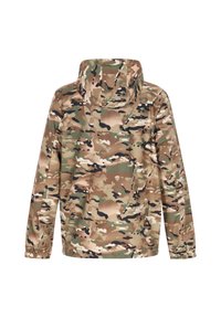 Kamouflagemönstrad jacka i nyanser av grönt, brunt och svart. Har en huva, elastiska ärmslut och ett lätt tyg. Bakifrån.