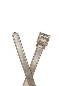 Centură bej metalizat lucioasă, încrucișată, cu cataramă pătrată decorată cu mici pietre strălucitoare rectangulare și rotunde.