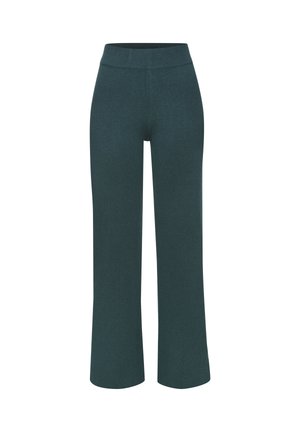 Grüne Hosen mit weitem Bein und hohem, glattem Taillenbund. Hergestellt aus einem weichen, strukturierten Stoff. Enden über dem Knöchel und bieten eine lockere Passform.