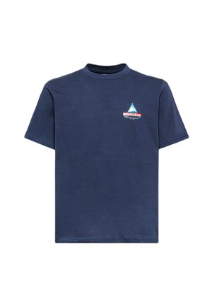 Marineblauw katoenen T-shirt met een ronde hals, korte mouwen en een logo met een blauwe driehoek en rode tekst op de borst.