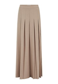 Lunga gonna beige plissettata con vita alta e texture sottile, progettata per un movimento fluido e adatta sia per abbigliamento formale che casual.