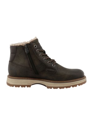 Stivaletto in pelle marrone scuro con cerniera laterale, lacci, suola in gomma beige e fodera in pile beige chiaro visibile nella parte superiore.