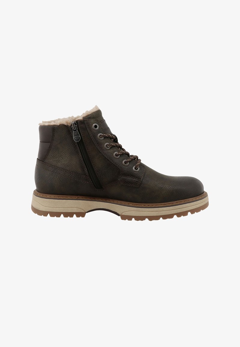 Bottine en cuir marron foncé avec fermeture éclair latérale, lacets, semelle en caoutchouc beige et doublure en polaire beige clair visible en haut.