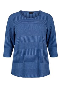 Blaues Damenoberteil mit horizontalem Streifenmuster, drei Viertel Ärmeln und rundem Ausschnitt.