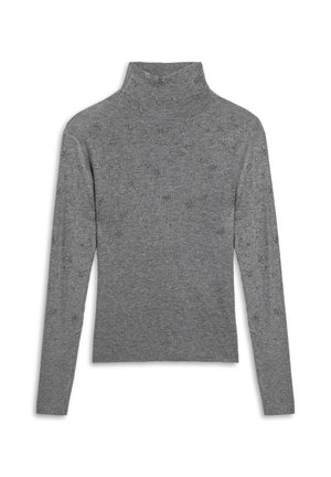 Grijze coltrui gemaakt van zacht materiaal, met een subtiel gespikkeld patroon en sprankelende accenten in het gehele kledingstuk.