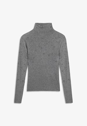 Grijze coltrui gemaakt van zacht materiaal, met een subtiel gespikkeld patroon en sprankelende accenten in het gehele kledingstuk.