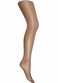 Doorzichtige tan panty met een gladde textuur, bedoeld om het been van teen tot bovenbeen te bedekken, met een semi-matte afwerking en zonder zichtbare patronen.
