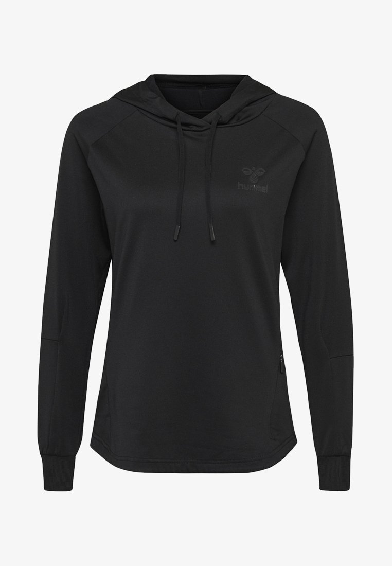 Haut à capuche noir à manches longues en tissu léger et lisse. Il dispose d'une capuche avec cordon de serrage, de manches raglan et d'un logo discret sur la poitrine.