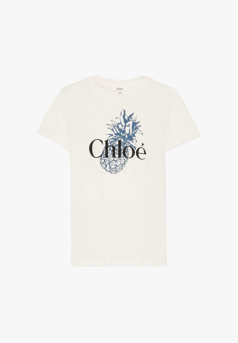Biały bawełniany t-shirt z niebieską grafiką ananasa i napisem „Chloé” w pogrubionej czarnej czcionce na przodzie. Krótkie rękawy, okrągły dekolt.