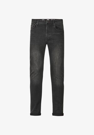 Jeans de mezclilla negra con un diseño de pierna recta, ligero desgaste y puños enrollados. Incluyen bolsillos delanteros y traseros con un cierre de cremallera.