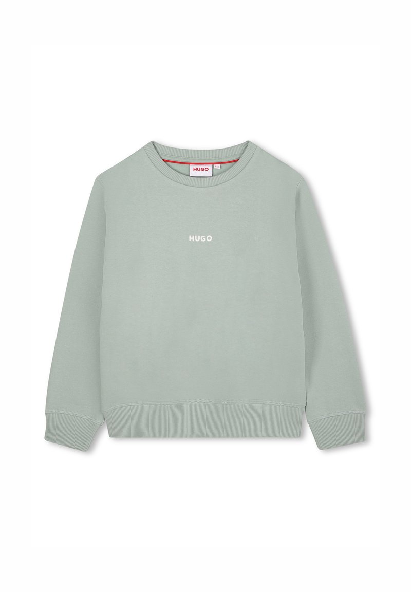 Light green sweatshirt featuring a round neck, ribbed cuffs and hem, and a centered white "HUGO" logo. Smooth texture and casual fit.