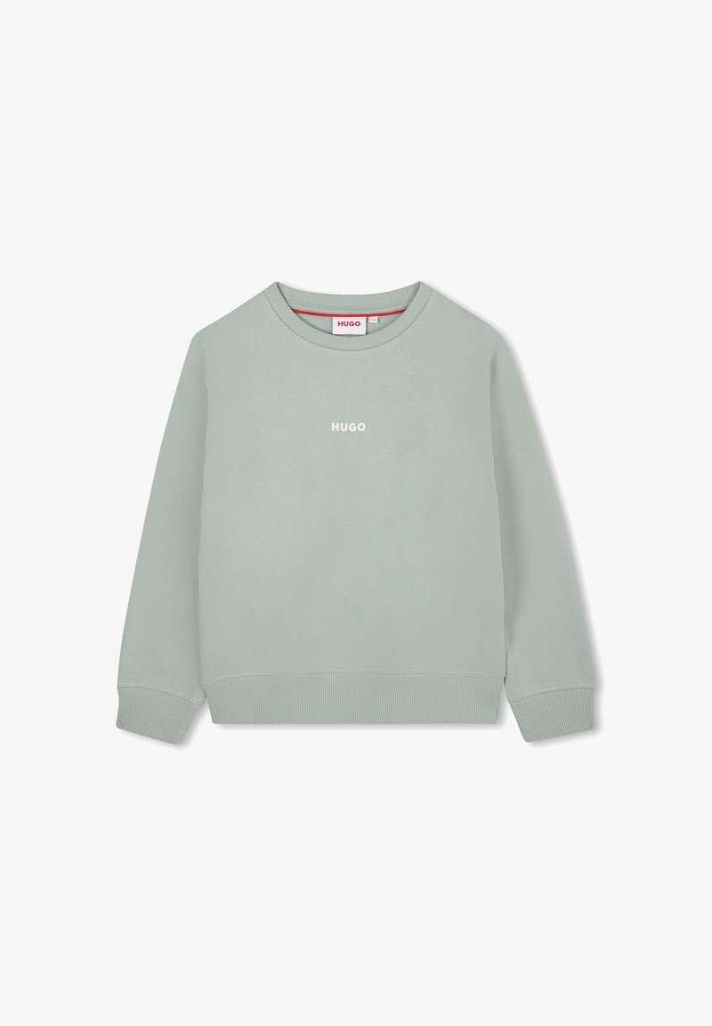 Sweatshirt vert clair avec un col rond, des poignets et un ourlet côtelés, ainsi qu'un logo « HUGO » blanc centré. Texture lisse et coupe décontractée.