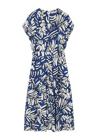 Blå og hvid knælængde kjole med korte ærmer, V-hals, taljebånd og abstrakt tropisk blad mønster.