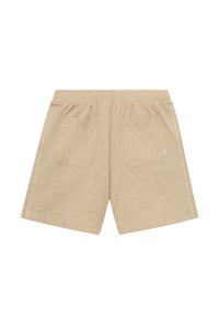 Pantalones cortos beige con una cinturilla elástica, dos bolsillos traseros y franjas laterales. La tela texturizada muestra un sutil patrón de cuadrícula.