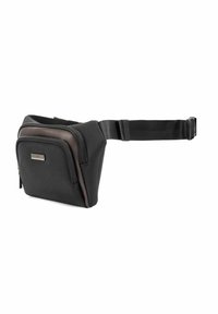 Czarna torba nylonowa o teksturowanym wykończeniu, z brązowym akcentem, z zapięciem na zamek, regulowanym paskiem i kompaktowym, trójkątnym kształtem.