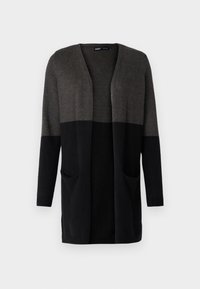 Sweter z dzianiny z gradientem kolorów od ciemnoszarego do czarnego. Posiada otwarty przód, długie rękawy oraz dwie przednie kieszenie.