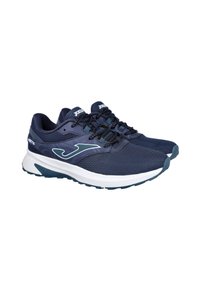 Zapatillas de running en color navy con parte superior de malla, empeine texturizado, acentos en teal contrastantes, cordones negros y entresuela blanca. Amplia amortiguación para mayor comodidad.