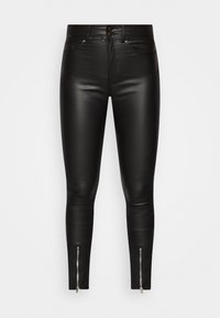 Černé skinny kalhoty z umělé kůže s vysokým pasem, dvěma předními kapsami a zipy na kotnících pro styl a přizpůsobení. Hladká, lesklá textilie.