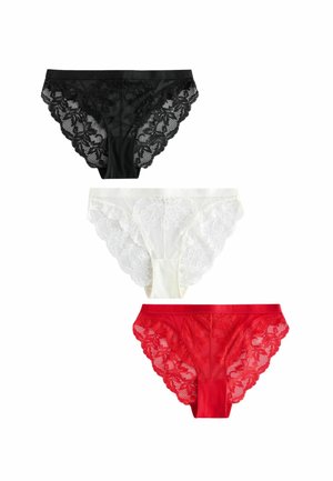 Drei Paare Spitzenslips in Schwarz, Weiß und Rot, mit floralen Mustern, gewellten Kanten und einem durchsichtigen Design mit passenden Bündchen.