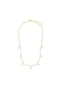 Collana in oro con piccole perle rosa allungate distribuite uniformemente lungo la lunghezza. Include una chiusura a gabbiano e una catena di estensione.