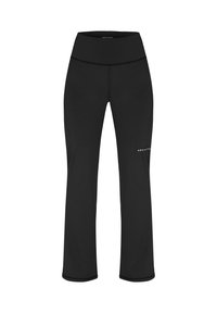 Leggings negros de cintura alta y acampanados con un mínimo de branding en el muslo derecho, diseñados para uso atlético o casual.