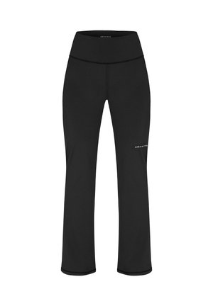 Zwarte hoge taille flared leggings met minimale branding op het rechterdijbeen, ontworpen voor sportieve of casual kleding.