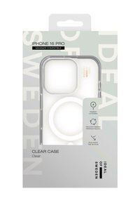 Clear iPhone 16 Pro case with a sleek design. Made from recycled materials, features MagSafe compatibility and drop test certification.