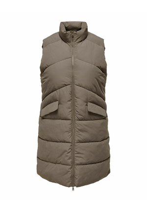 Bez piedurknēm, ar polsterējumu, olīvu zaļa veste ar augstu apkakli, priekšējo rāvējslēdzi un divām kabatām ar atloku priekšā.