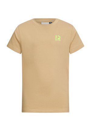 T-shirt beige a maniche corte in cotone, con un piccolo logo verde "RETROUR" nella zona sinistra del petto. Tessuto morbido e scollatura a girocollo.