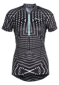 Jersey de ciclismo de manga corta confeccionado en tela negra elástica con patrones geométricos blancos y cremallera frontal. Presenta un cuello tipo mock y un dobladillo curvado.