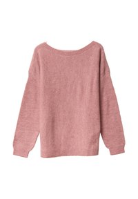 Rosa stickad tröja med fiskbensmönster, sänkt axel, bred halsringning och ribbat fåll. Mjuk textur och avslappnad passform.