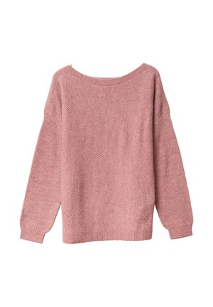 Roze gebreide trui met een visgraatpatroon, verlaagde schouders, brede halslijn en geribbelde onderrand. Zachte textuur en een relaxte pasvorm.