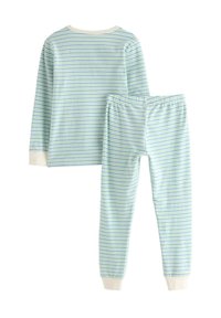 Ensemble de pyjama à manches longues, bleu clair, avec de fines rayures blanches et vertes. Comprend une taille élastique et des poignets doux aux manches et aux pantalons.