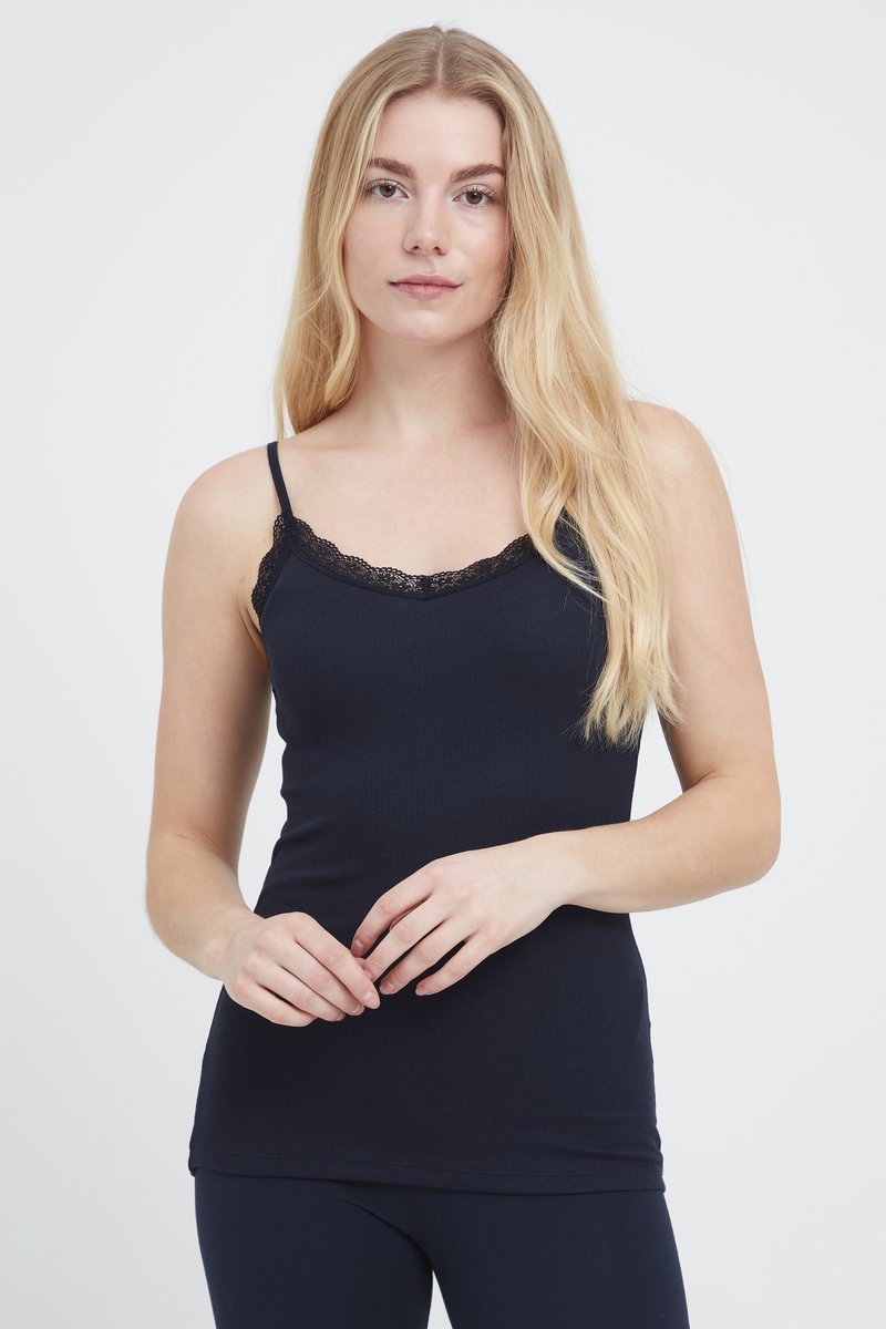 Canotta a coste blu navy con spalline regolabili e bordo in pizzo lungo lo scollo, caratterizzata da una vestibilità slim e una texture morbida.