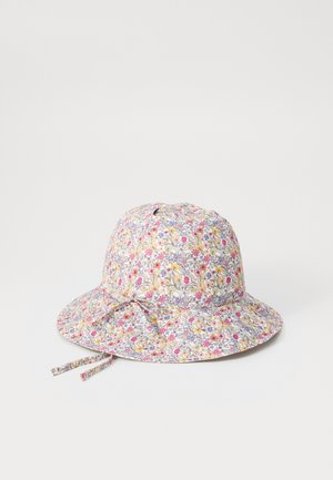 Blomsterprydd bøttehatt i myk stoff, med bred brem og justerbar hake stropp for sikker passform. Fargene inkluderer rosa, gul og lilla.