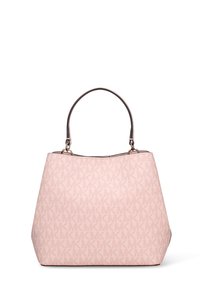 Roze draagtas met een gestructureerde vorm, voorzien van een herhalend logopatroon. Geweven textuur, versterkte handvatten en gouden metalen accenten.