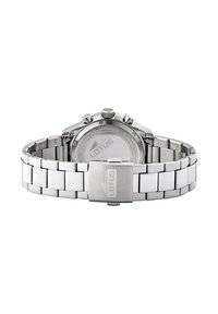 Montre en acier inoxydable argenté avec un bracelet à maillons, un boîtier rond et un cadran texturé argenté. Dispose de boutons de chronographe et d'une boucle avec logo.