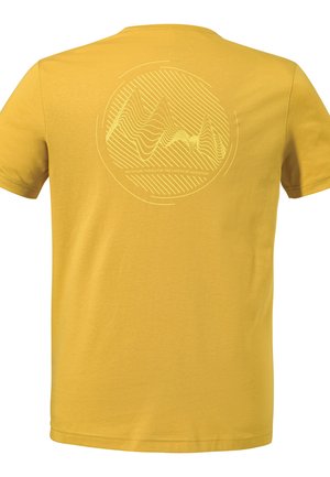 Gelbes Baumwoll-T-Shirt mit einem kreisförmigen Grafikdesign mit Wellenmustern und Text auf dem Rücken. Kurze Ärmel und runder Ausschnitt.