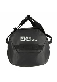 Zwarte waterdichte sporttas met verstelbare schouderriem. Voorzien van een logo, platte zak en een gladde, matte textuur. Rechthoekige vorm.