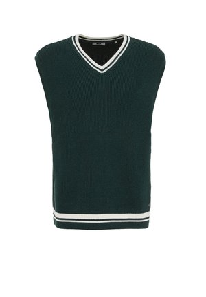 Tamnozeleni pleteni prsluk bez rukava s bijelim prugastim V-izrezom i detaljima na rubu.